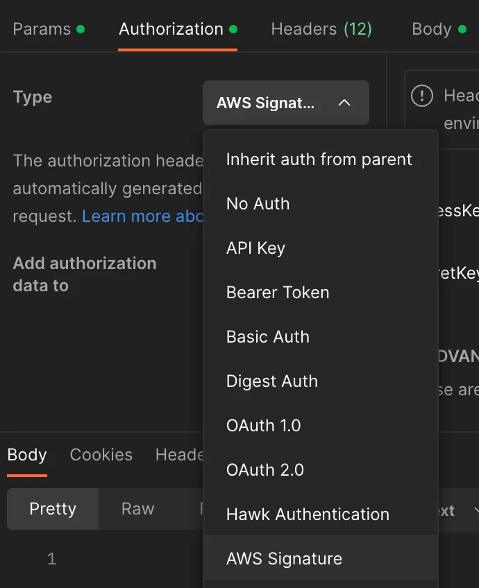 Postman auth dropdown